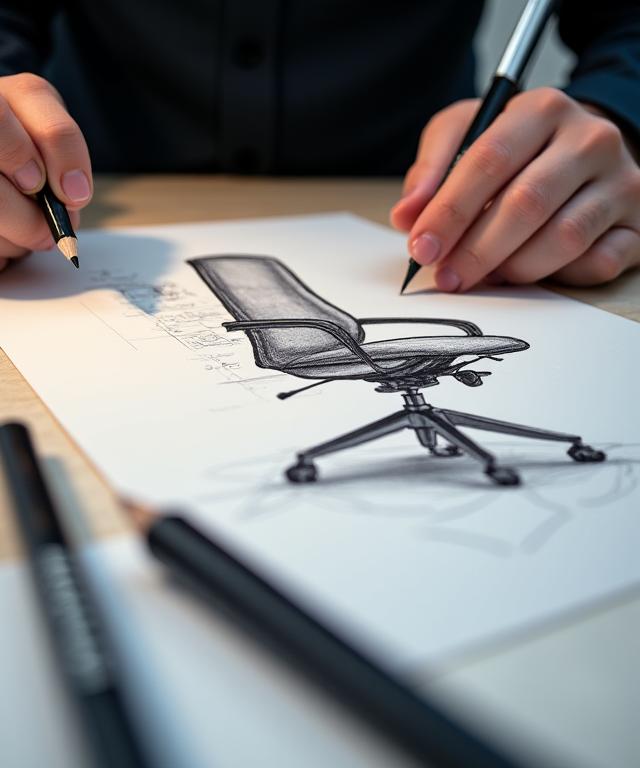 デザイナーがチェアのスケッチを入念に描いている様子